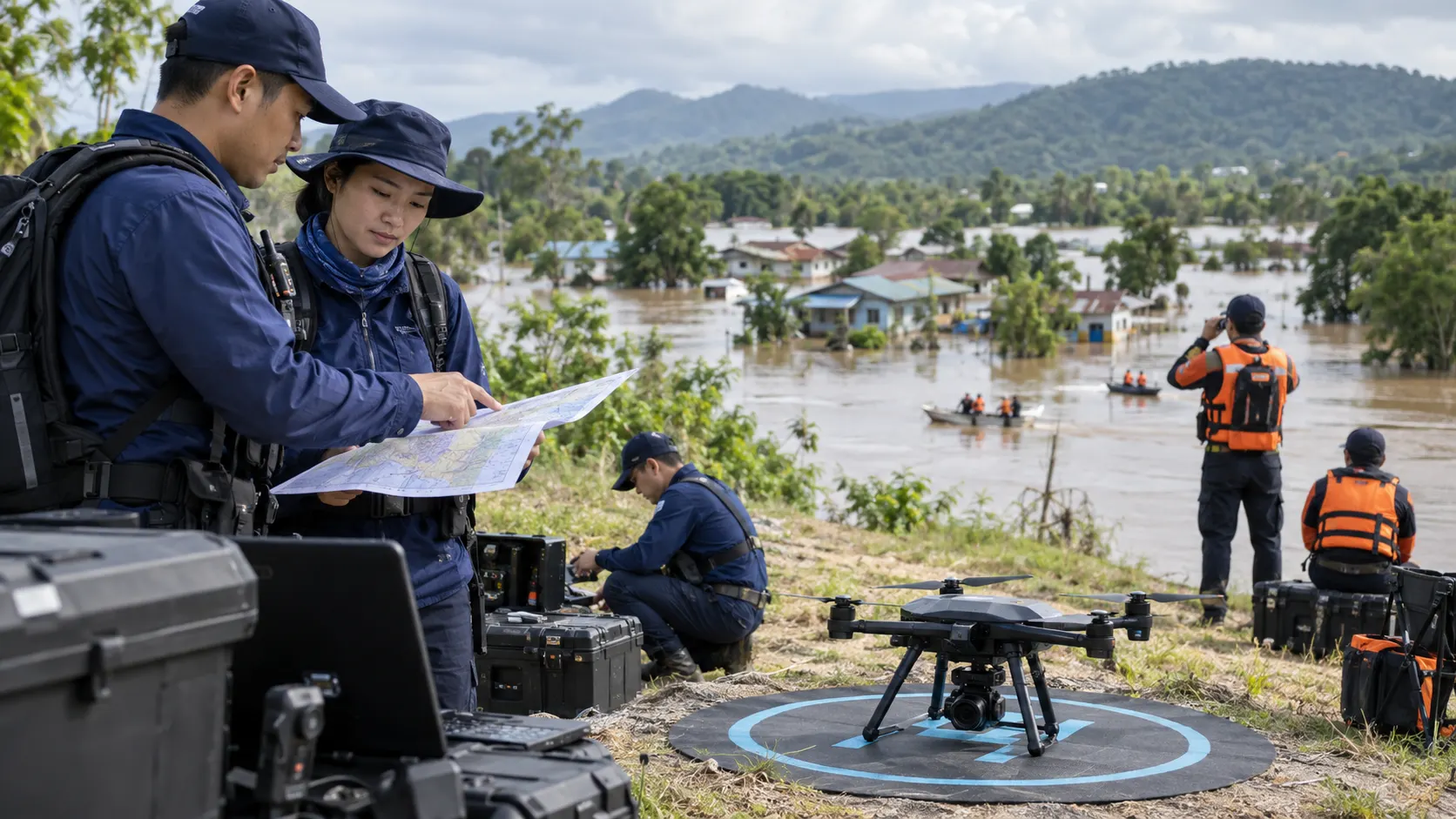 ทีมช่วยเหลือวางแผนสำรวจน้ำท่วมข้างโดรนในพื้นที่ตั้งฐานที่แห้งและปลอดภัย