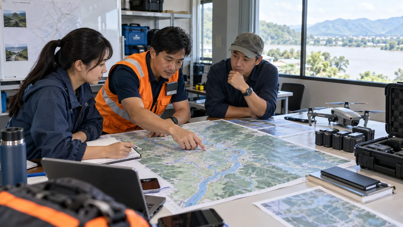 ผู้วางแผนสาธารณภัยทบทวนแผนที่ลุ่มน้ำและชุดอุปกรณ์โดรนในห้องฝึกอบรม