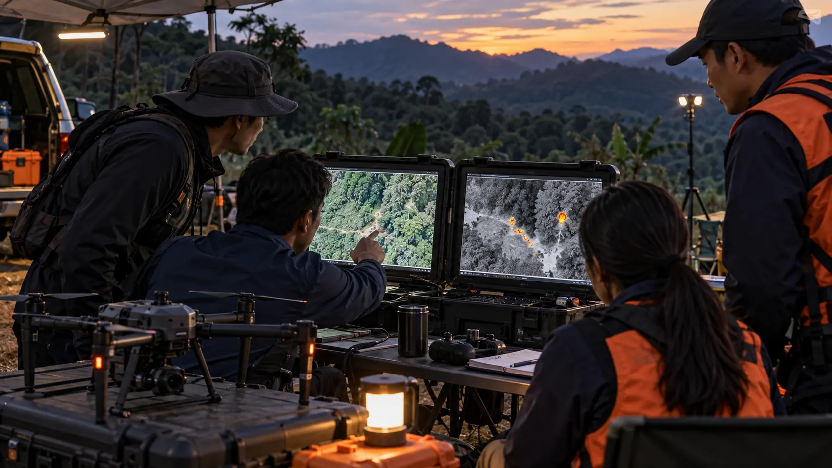 เจ้าหน้าที่ค้นหาตรวจจอภาพปกติและภาพความร้อนข้างโดรนในจุดตั้งฐานช่วงพลบค่ำ