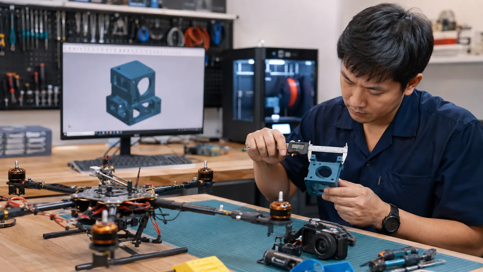 วิศวกรตรวจชิ้นส่วนยึดกล้องข้างแบบ CAD และเครื่องพิมพ์สามมิติ