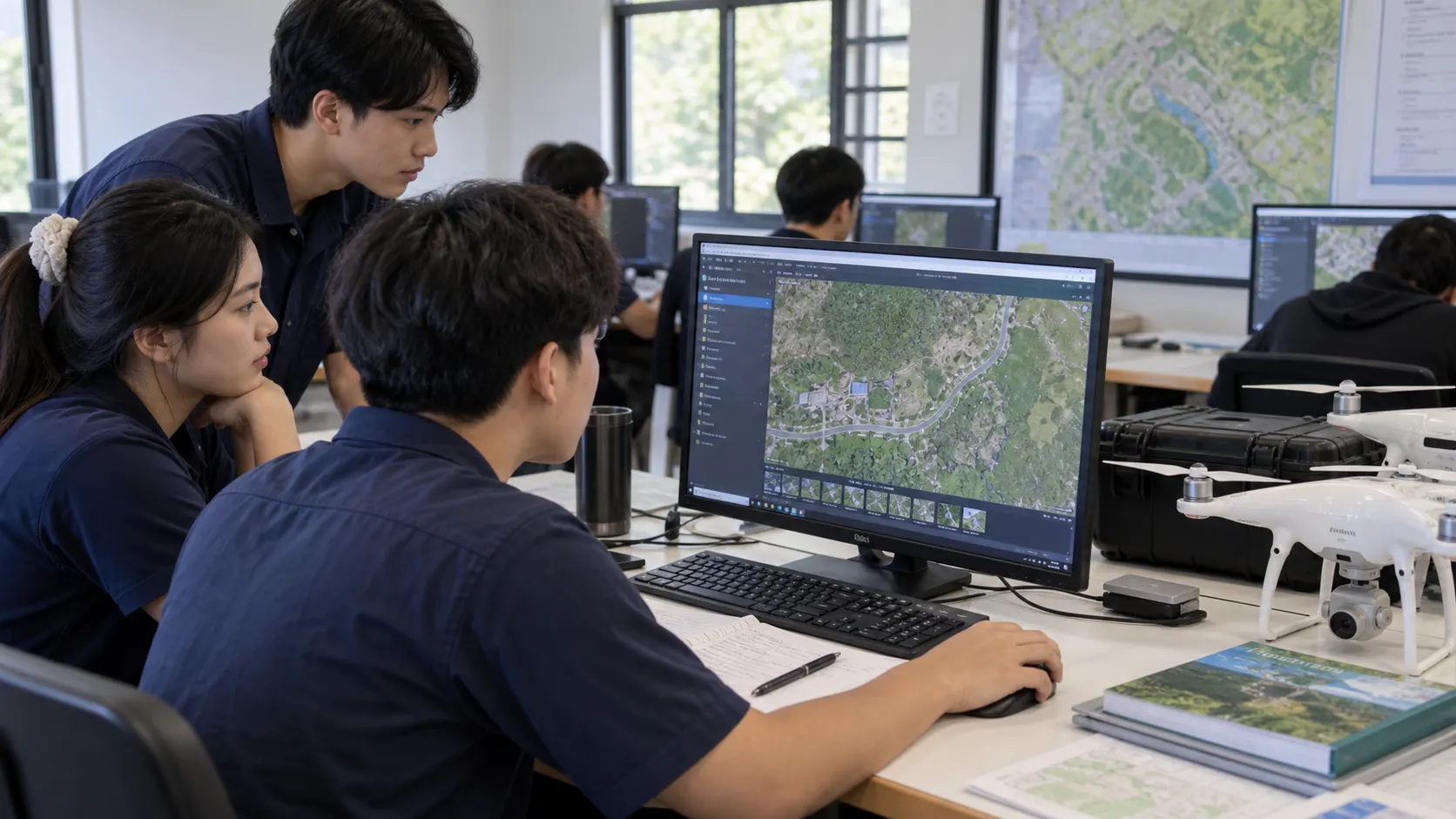 ผู้เรียนประมวลผลภาพถ่ายโดรนบนคอมพิวเตอร์ในห้องเรียน GIS