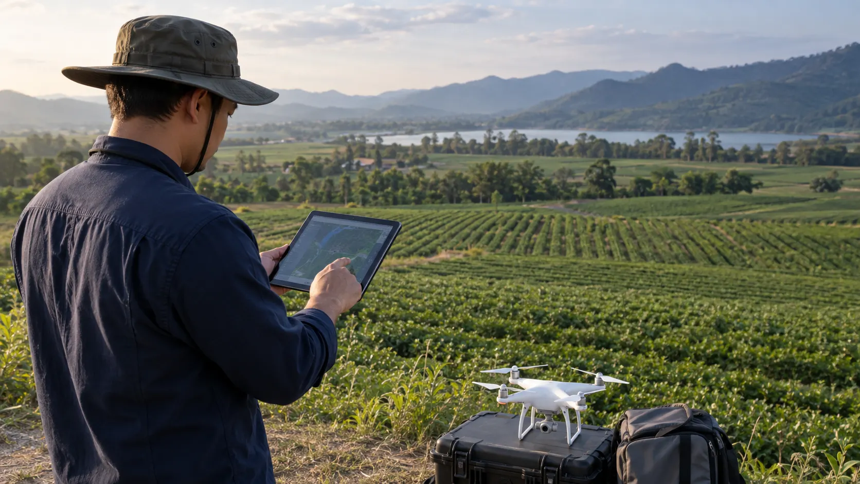 ผู้สำรวจวางแผนเส้นทางบนแท็บเล็ตเหนือไร่ที่แบ่งเป็นแนว