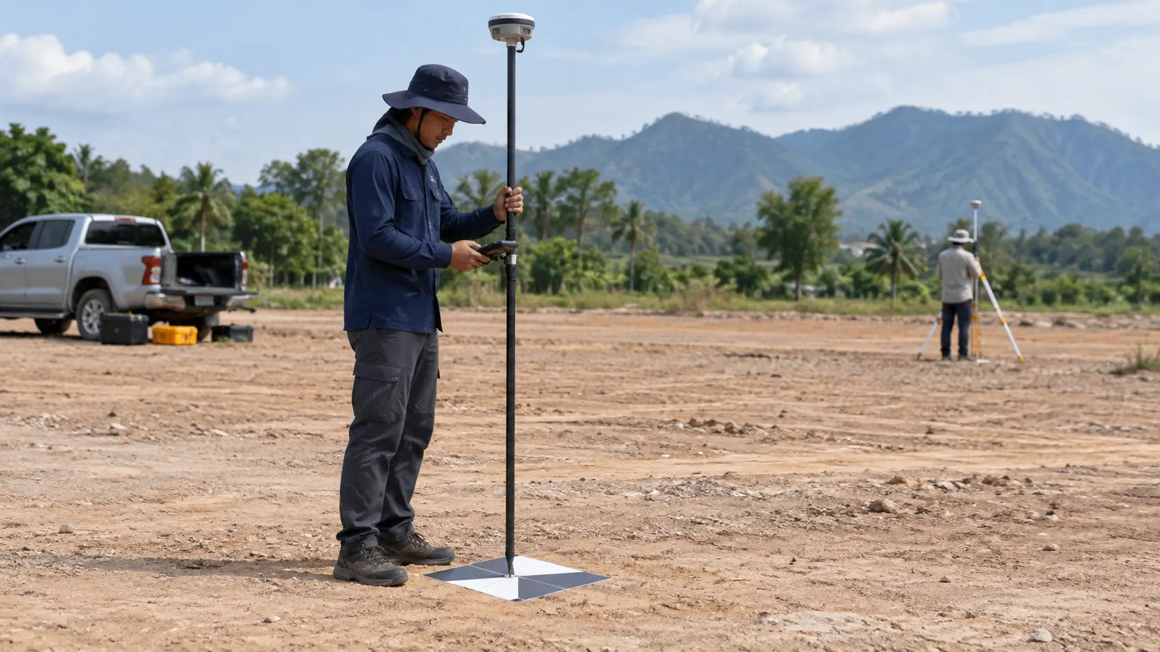 ผู้สำรวจใช้เสา GNSS วัดเป้าขาวดำที่วางบนลานดิน